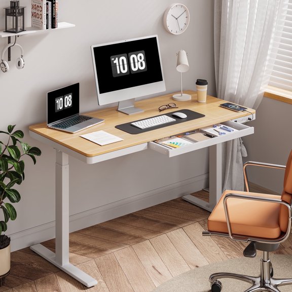 FLEXISPOT 55" W Home Office Height Adjustable Standing Desk White and Maple with USB Charge Ports and Embedded Drawer