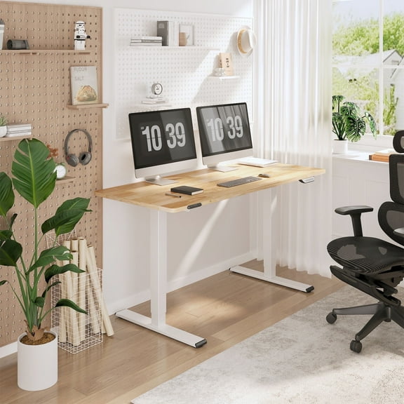 FLEXISPOT E6 55"x24" Dual Motors 3-Stage Standing Desk Solid Wood Home Office Height Adjustable Desk with Wheels, Solid Rubber Wood Desktop and White Frame