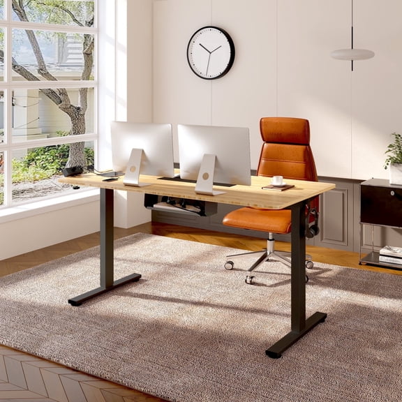 FLEXISPOT 55"x28" Black and Maple Home Office Height Adjustable Standing Desk Whole-piece Desktop Computer Desk