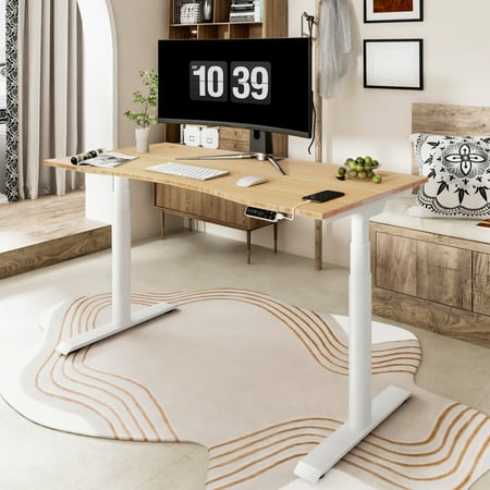 FLEXISPOT 55"x28" Dual Motors 3-Stage Height Adjustable Standing Desk Ergonomic Home Office Sit Stand Desk with USB Port, Bamboo Curved Desktop White Oval Frame
