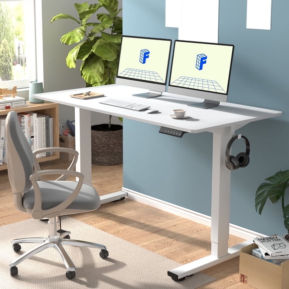 FitStand 55"x28" Home Office Height Adjustable Standing Desk with Hooks, Ergonomic Electric Stand Up Computer Desk, White