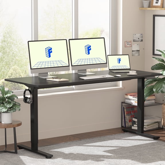 FitStand 60"x24" Home Office Height Adjustable Standing Desk with Hooks, Ergonomic Electric 2-Stage Stand Up Computer Desk, Black
