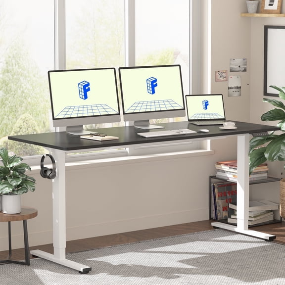 FitStand 60"x24" Home Office Height Adjustable Standing Desk with Hooks, Ergonomic Electric 2-Stage Stand Up Computer Desk, White and Black