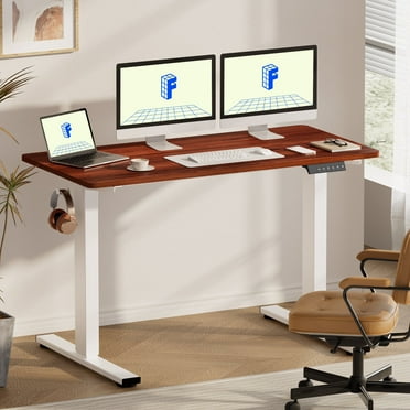 FLEXISPOT 60"x24" Home Office Height Adjustable Standing Desk with Hooks, Ergonomic Electric 2-Stage Stand Up Computer Desk, White and Mahogany