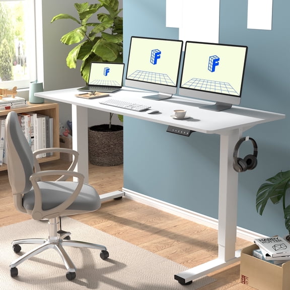 FitStand 60"x24" Home Office Height Adjustable Standing Desk with Hooks, Ergonomic Electric 2-Stage Stand Up Computer Desk, White