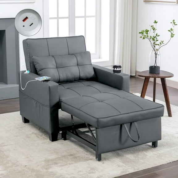 FLEXISPOT Convertible Sleeper Chair Bed, Pullout Small Sleeping Chair w/Adjustable Backrest, Pillow, Side Pockets, USB, Cup Holders, Pull Out Sofa Bed for Living Room