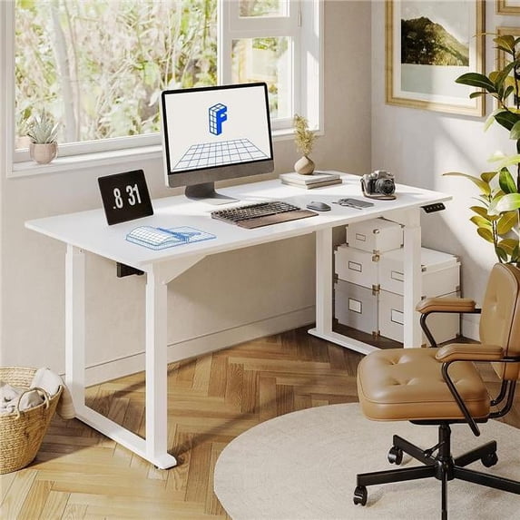 FLEXISPOT Dual Motors 4 Legs Inch Adjustable Height Desk with Splice Board Home Office Computer Workstation Electric Sit Stand up Desk, White Top + White Frame