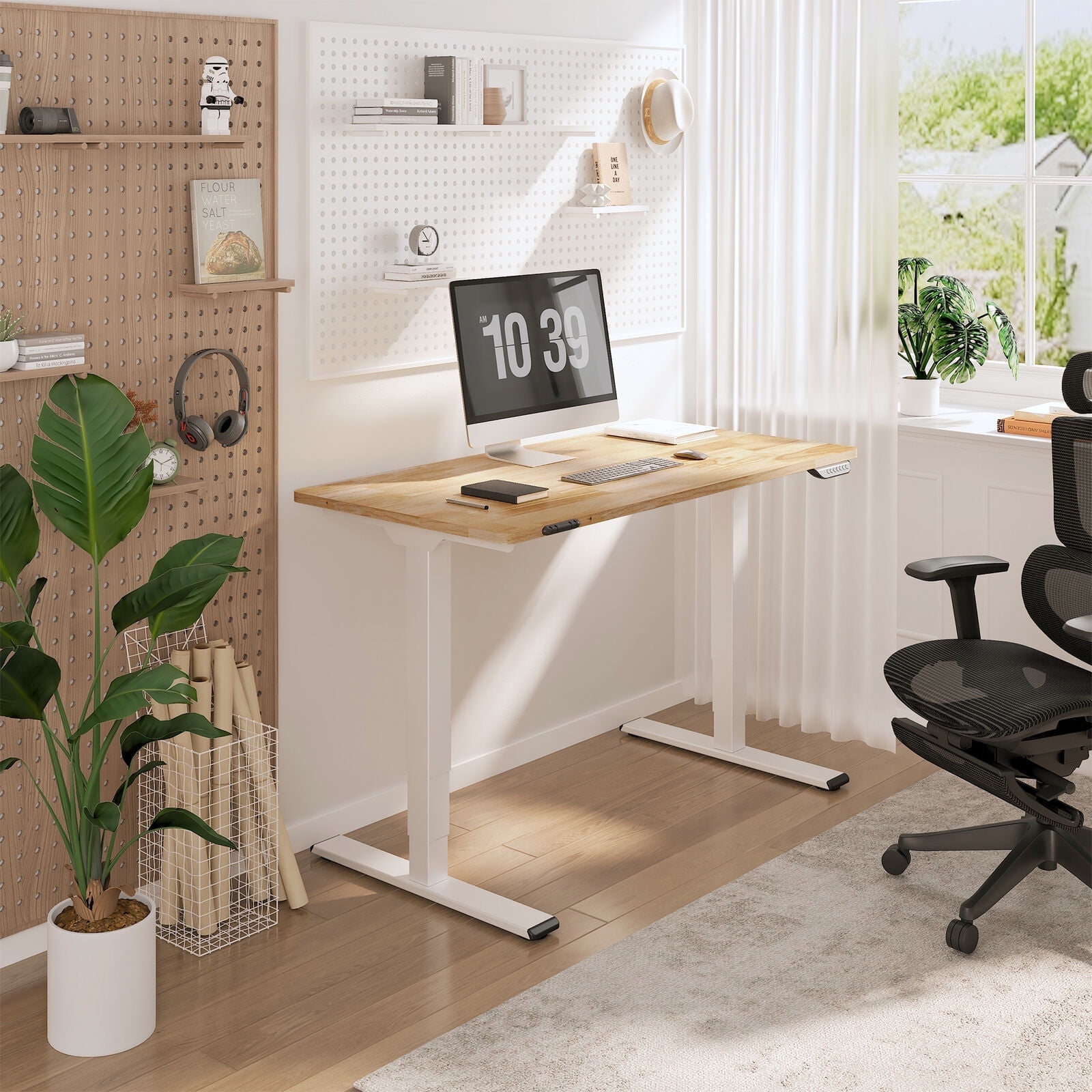 FLEXISPOT E6 48"x24" Dual Motors 3-Stage Standing Desk Solid Wood Home Office Height Adjustable Desk with Wheels, Solid Rubber Wood Desktop and White Frame