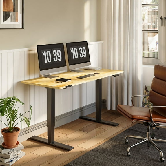 FLEXISPOT E6 55"x24" Dual Motors 3-Stage Standing Desk Solid Wood Home Office Height Adjustable Desk with Wheels, Solid Rubber Wood Desktop and Black Frame