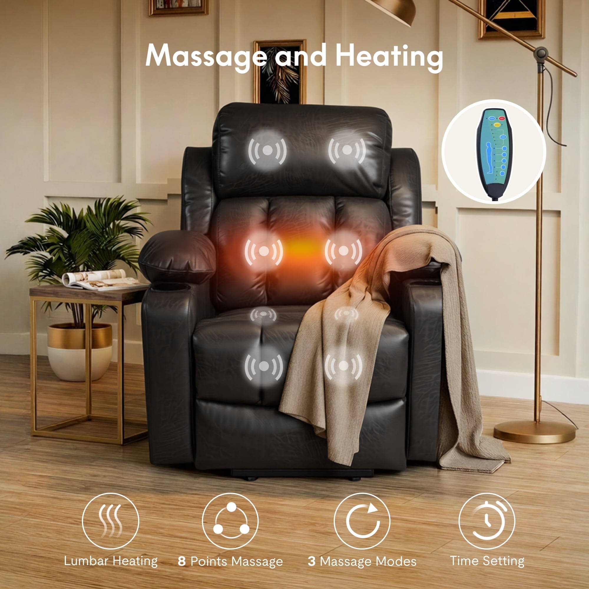 FLEXISPOT Power Lift Recliner Chair with Massage & Heat, Dual Motor Electric Lift Chair, Wide Seat Faux Leather Reclining Chair for Elderly, Soft Upholstered, Infinite Position, Living Room,L Size