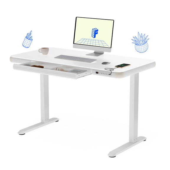 FLEXISPOT Electric Pure Glass Standing Desk with Drawer Desktop and USB Charge Ports, 48" Ergonomic Height Adjustable Sit to Stand Desk for Home Office, White