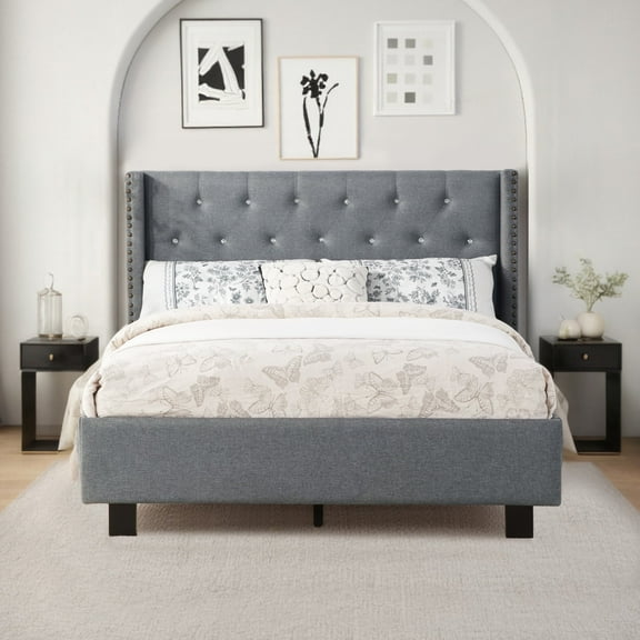Full Size  Upholstered Bed Frame with Headboard Wingback Tufted , Solid Pine Wood Structure, Foam-Padded Design,  Robot Vacuum Friendly Clearance,Grey