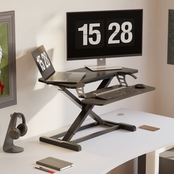 FitStand Home Office Height Adjustable Standing Desk Converter Black 32" U-Shape with Keyboard Tray