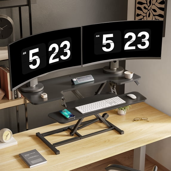 FitStand Home Office Height Adjustable Standing Desk Converter Black 42" U-Shape with Keyboard Tray