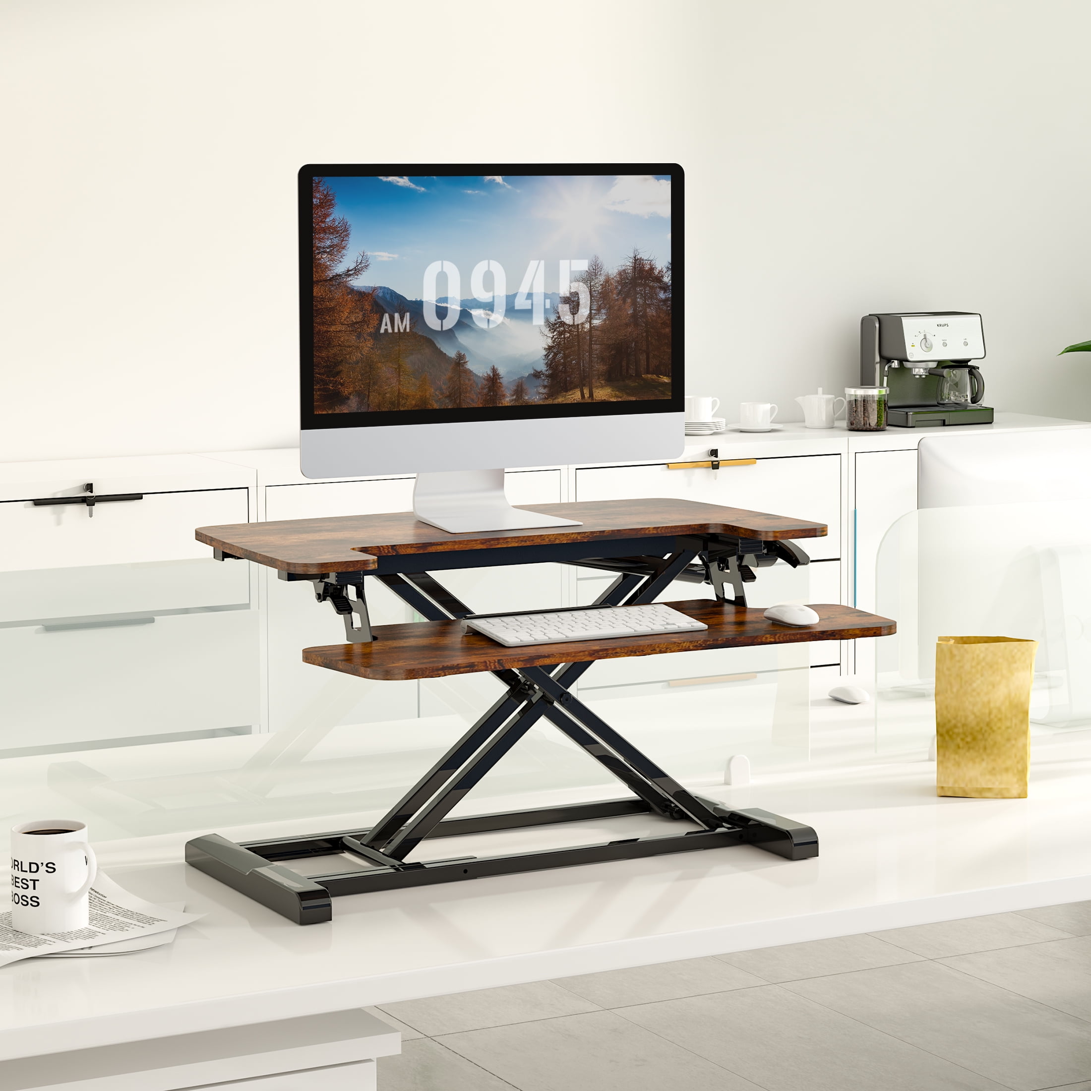 FitStand Home Office Height Adjustable Standing Desk Converter Special Walnut 28" U-Shape with Keyboard Tray MDF