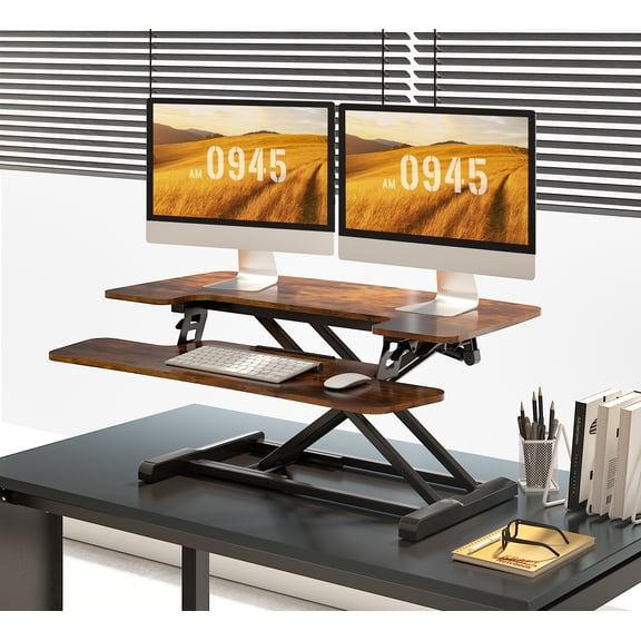 FitStand Home Office Height Adjustable Standing Desk Converter Special Walnut 35" U-Shape with Keyboard Tray