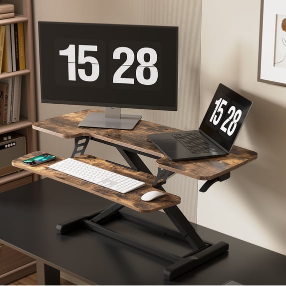 FitStand Home Office Height Adjustable Standing Desk Converter Special Walnut 42" U-Shape with Keyboard Tray