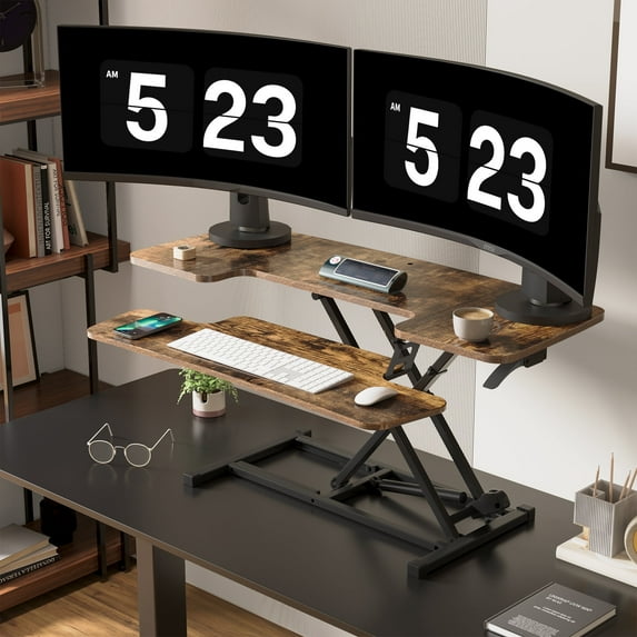 FlexiSpot Height Adjustable U Shape Standing Desk Converter with Keyboard Tray, Special Walnut