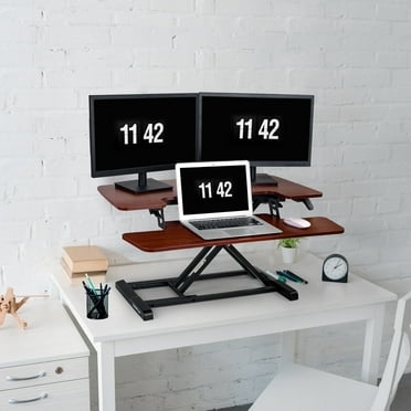 FLEXISPOT Home Office Standing Desk Converter 35" Height Adjustable with Keyboard Tray Mahogany