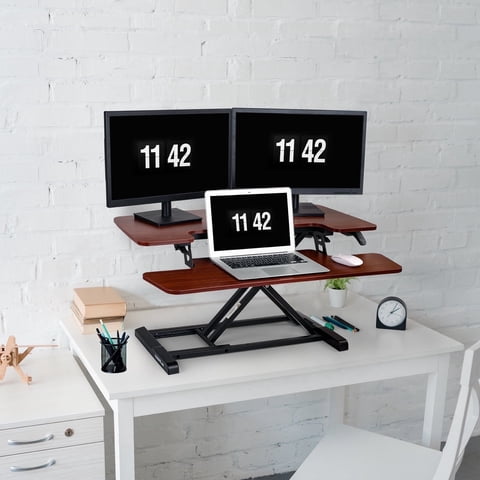 FitStand Home Office Standing Desk Converter, 35" Height Adjustable Desk Riser with Keyboard Tray, Mahogany