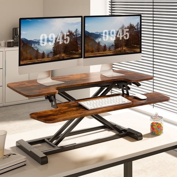 FitStand Home Office Standing Desk Converter 35" Height Adjustable with Keyboard Tray Special Walnut