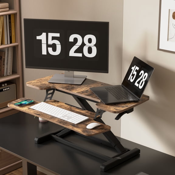 FitStand Home Office Standing Desk Converter, 36"Height Adjustable Desktop Riser Sit Stand Computer Workstation with Keyboard Tray Special, Walnut