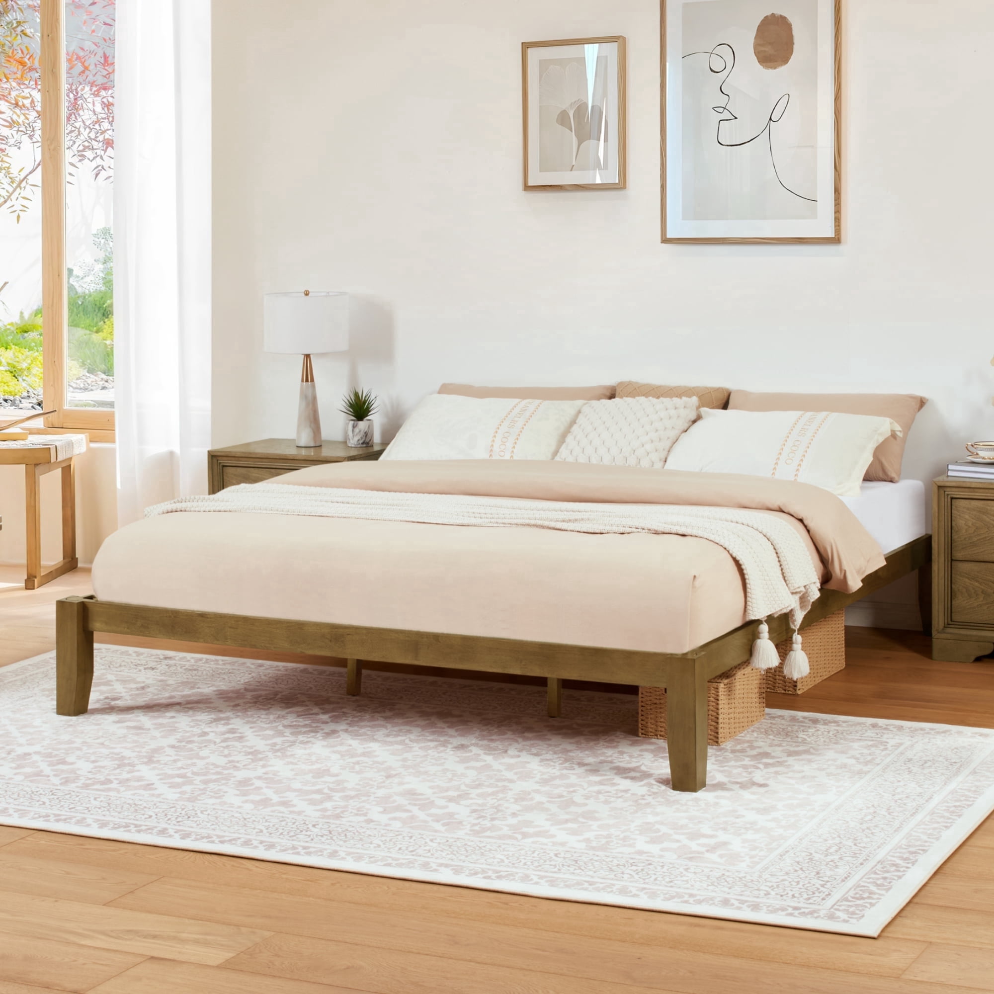 FLEXISPOT King Japanese Joinery Bed Frame, Solid Rubberwood, 1200 lbs Heavy Duty Slats Support, FSC & SGS Certified, 15Min No-Tool Setup, Under-Bed Storage, No Box Spring Needed, Noise-Free, Walnut