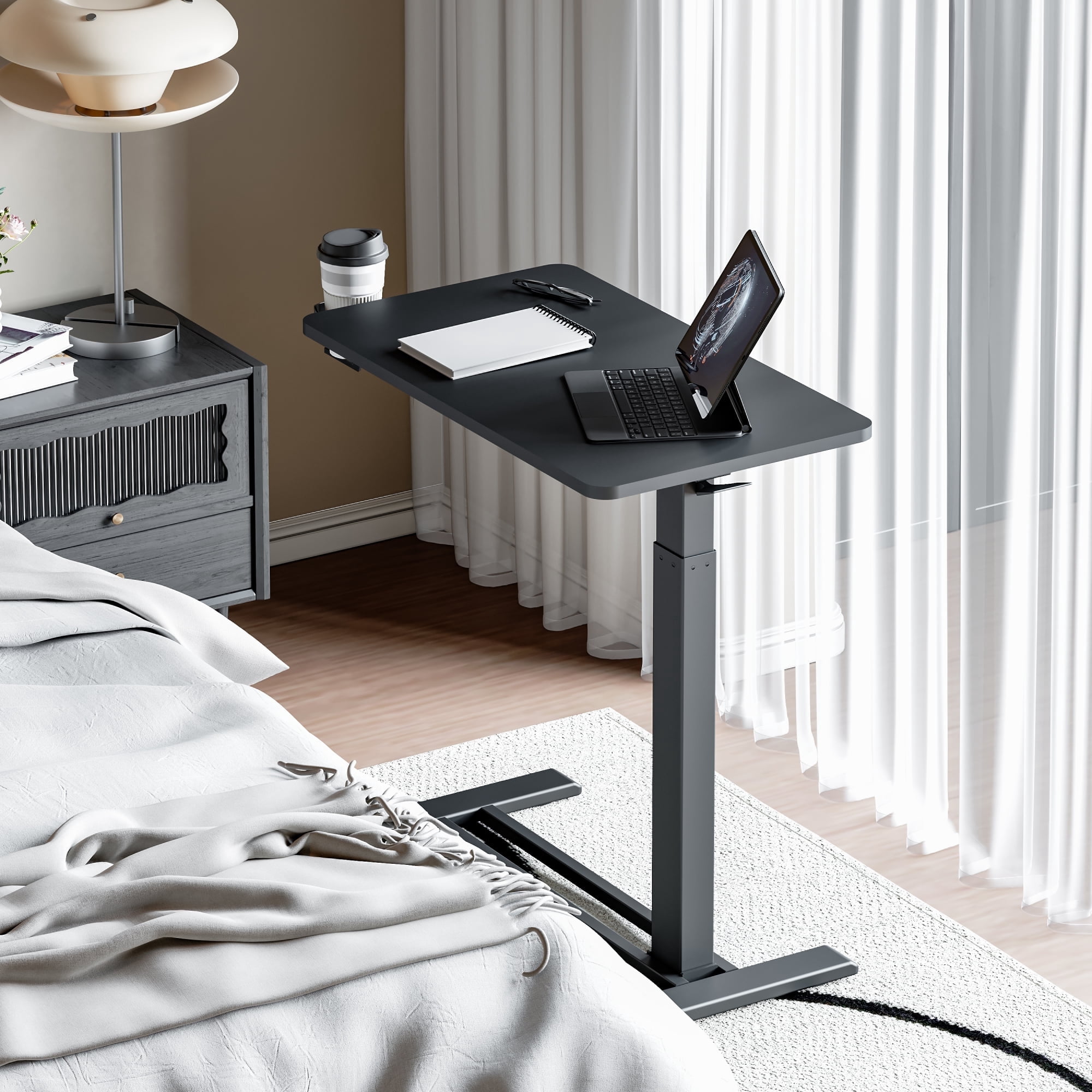 FitStand Mobile Standing Desk with Wheels, Pneumatic Lift, Adjustable Height, Rolling Computer Cart, Compact Sit Stand Workstation for Home Office, Black, 28 x 16 inch