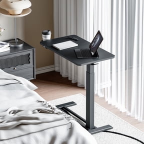 FitStand Adjustable Overbed Bedside Table with Wheels, Rolling Computer Cart with Pneumatic Lift, Mobile Standing Desk Laptop Desk for Home Office, Black, 28 x 16 inch