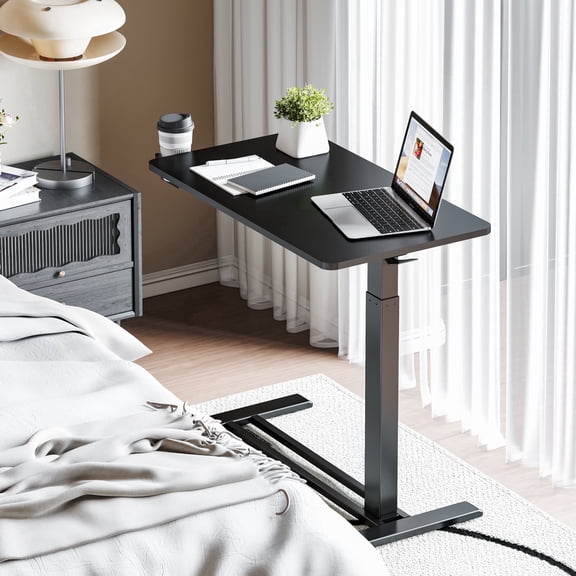 FitStand Height Adjustable Medical Bed Table with Hidden Casters, Rolling Laptop Desk with Cup Holder, Small Pneumatic Sit Stand Desk for Home Office, Sofa or Bedside Use, 32"x18", Black