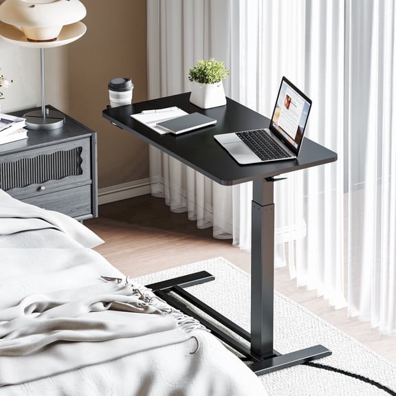 FitStand Height Adjustable Hospital Bed Table with Hidden Casters, Rolling Laptop Cart with Cup Holder, Small Pneumatic Overbed Bedside Table for Home Office, Sofa or Bedside Use, 32"x18", Black