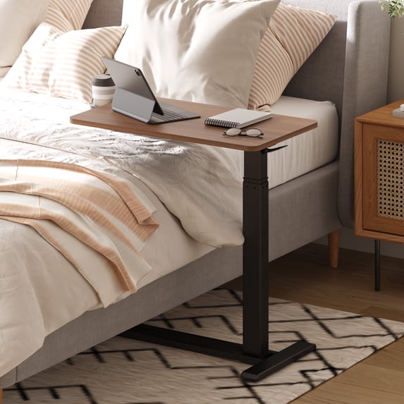 FLEXISPOT Height Adjustable Medical Bed Table with Hidden Casters, Rolling Laptop Desk with Cup Holder, Small Pneumatic Sit Stand Desk for Home Office, Sofa or Bedside Use, 28"x16", Walnut