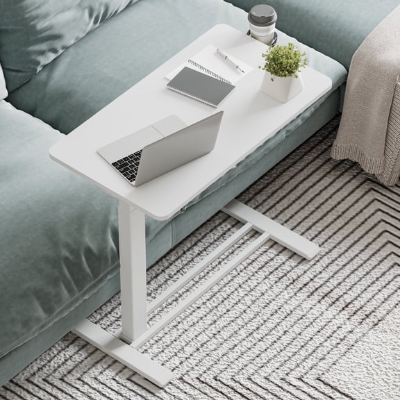 FitStand Height Adjustable Medical Bed Table with Hidden Casters, Rolling Laptop Desk with Cup Holder, Small Pneumatic Sit Stand Desk for Home Office, Sofa or Bedside Use, 32"x18", White