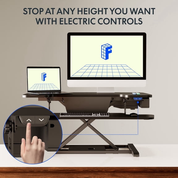 FitStand 35 " Electric Standing Desk Converter, Motorized Stand up Desk Riser, Monitor and Laptop Workstation with Wide Keyboard Tray, Black