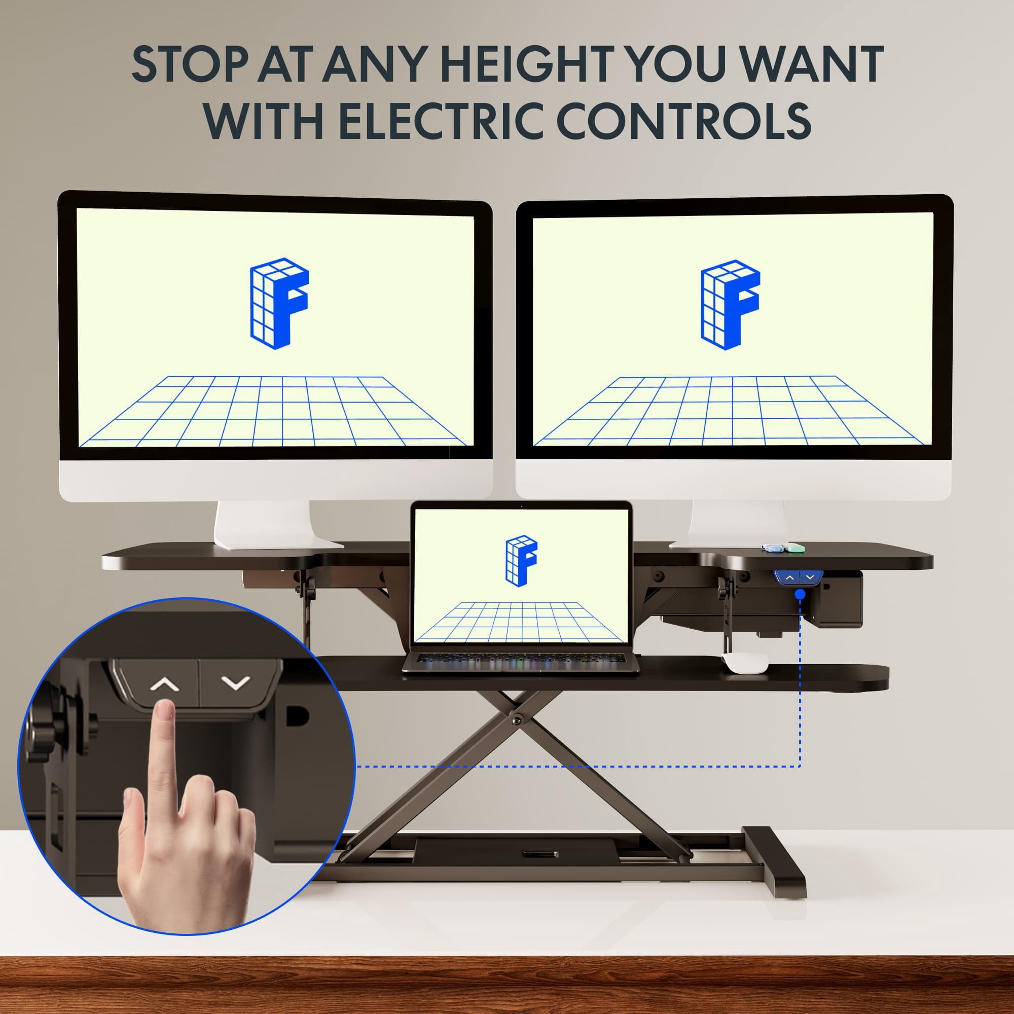 FitStand 40" Electric Standing Desk Converter, Height Adjustable Riser, Sit to Stand Monitor and Laptop Workstation with Wide Keyboard Tray, Black