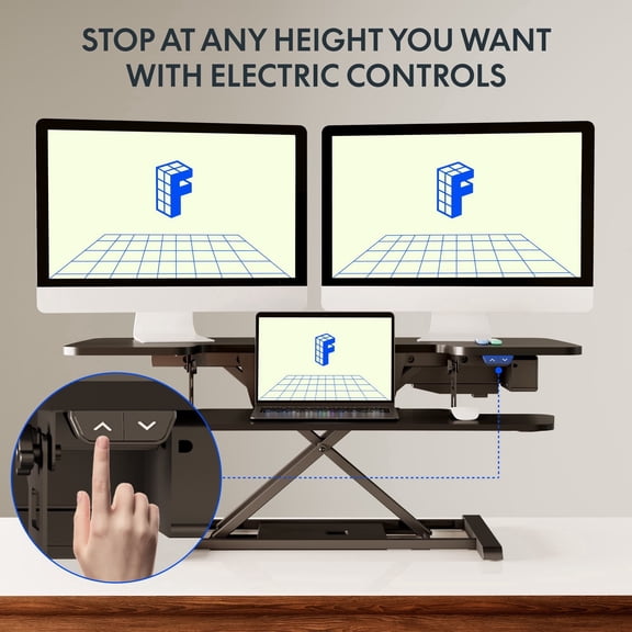 FitStand 40" Electric Standing Desk Converter, Height Adjustable Riser, Sit to Stand Monitor and Laptop Workstation with Wide Keyboard Tray, Black