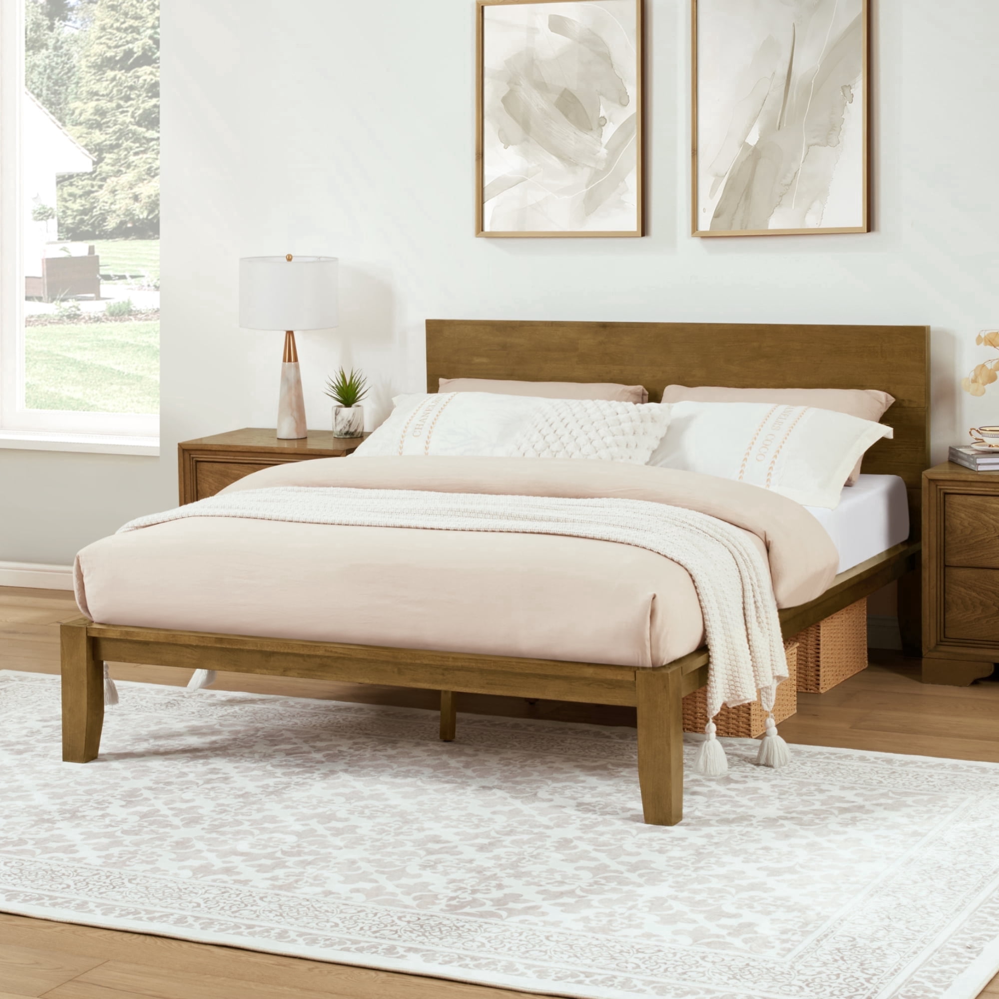FLEXISPOT Queen Japanese Joinery Bed Frame with Headboard, Solid Rubberwood, 1200 lbs Heavy Duty, FSC & SGS Certified, No-Tool Setup, Hidden Storage, USB-A/C Port, No Box Spring Needed, Walnut