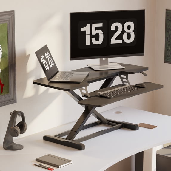 FitStand Home Office Height Adjustable Standing Desk Converter Black 40" U-Shape with Keyboard Tray