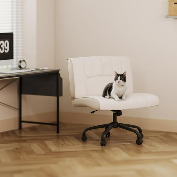 FLEXISPOT 26.4" x 22.4" Wide Armless Desk Chair, 4.7'' Thick Crisscross Vanity Chair, Leather Seat, White