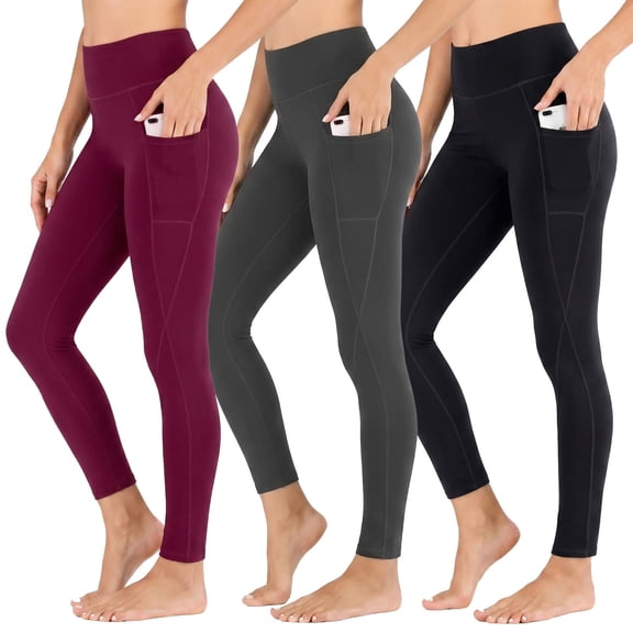 FLEXVIBE 3 Pack Women's High Waist Yoga Pants Leggings with Pockets, 4-Way Stretch, Workout & Outdoor, Black, Gray, Burgundy - M (US)