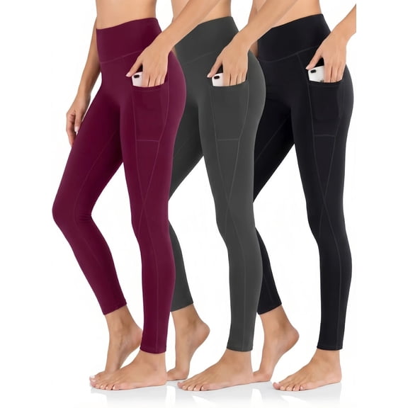 FLEXVIBE 3 Pack Women's High Waist Yoga Pants Leggings with Pockets, 4-Way Stretch, Workout & Outdoor, Black, Gray, Burgundy - M (US)