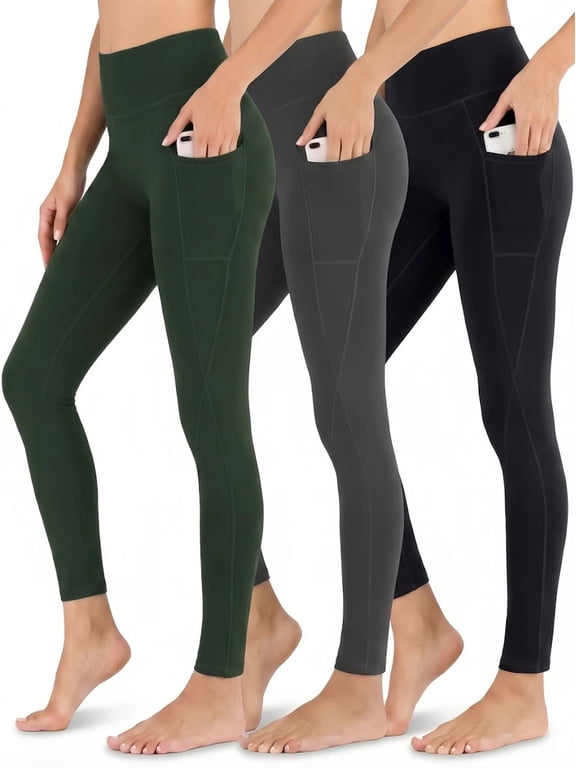 3 Pack Women's High Waist Yoga Pants Leggings with Pockets, 4-Way Stretch, Workout & Outdoor, Black, Gray, Green - 3XL (US)