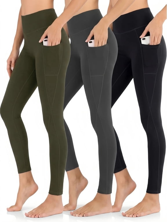 3 Pack Women's High Waist Yoga Pants Leggings with Pockets, 4-Way Stretch, Workout & Outdoor, Black, Gray, Olive Green - L (US)