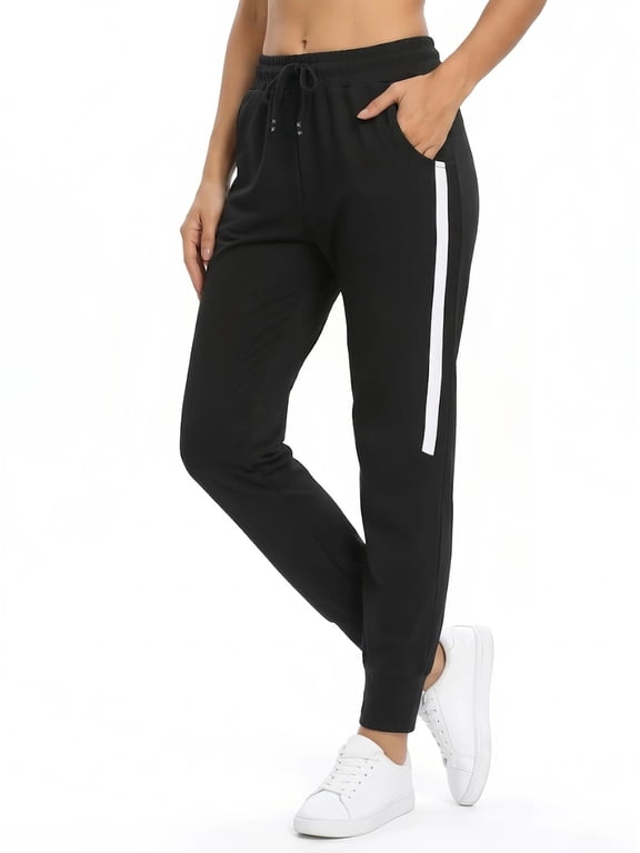 Women's Drawstring Waist Jogger Pants with Side Stripe Contrast, 4-Way Stretch, Workout Running & Outdoor, Black - M(US)