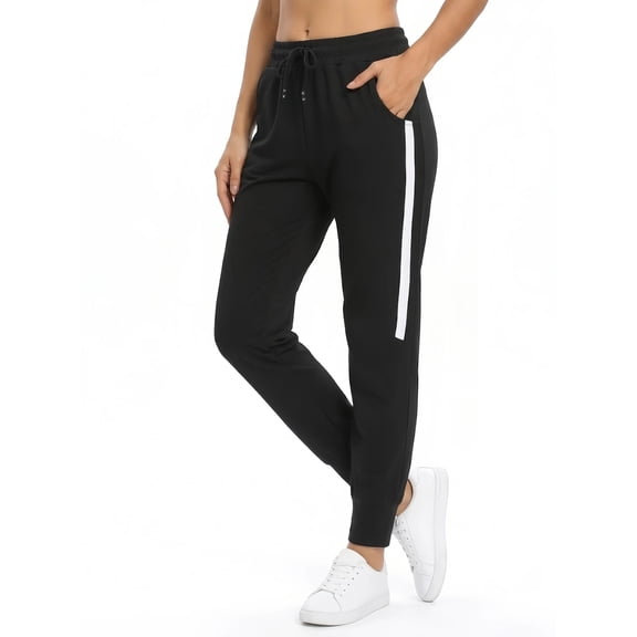 FLEXVIBE Women High Waisted Drawstring Jogger Pants with Side Pockets, Side Stripe 4 Way Stretch Workout Yoga Running Pants