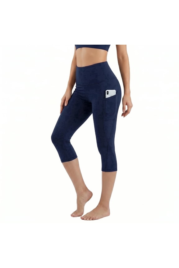 Women's High Waist Capri Yoga Leggings with Pockets,4-Way Stretch & Tummy Control for Workout, Navy Blue - XXL (US)