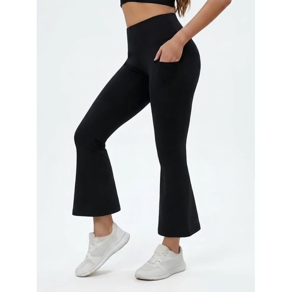 FLEXVIBE Women's Tummy Control High Rise Flare Yoga Leggings, 4-Way Stretch Pants for Gym Travel Outdoor, Black - S US