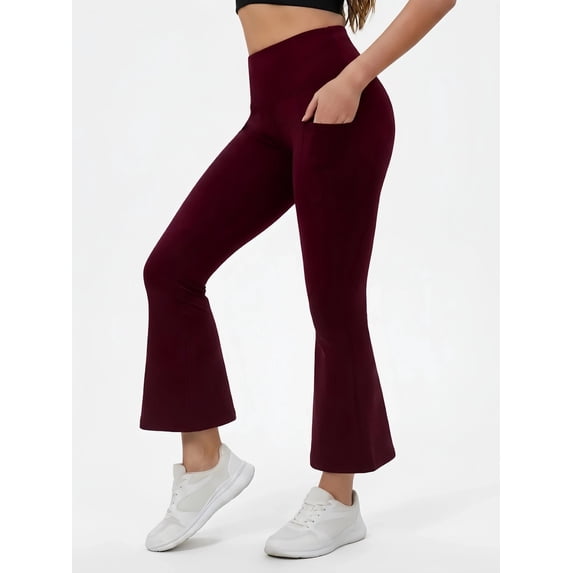 FLEXVIBE Women's Tummy Control High Rise Flare Yoga Leggings, 4-Way Stretch Pants for Gym Travel Outdoor, Burgundy - XL US