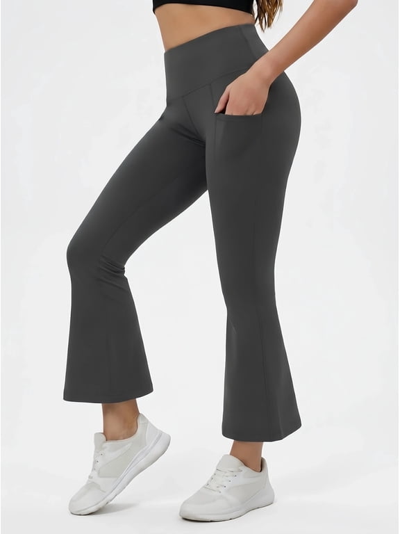 Women's Tummy Control High Rise Flare Yoga Leggings, 4-Way Stretch Pants for Gym Travel Outdoor, Dark Gray - L US