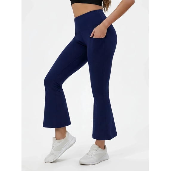 FLEXVIBE Women's Tummy Control High Rise Flare Yoga Leggings, 4-Way Stretch Pants for Gym Travel Outdoor, Navy - XL US